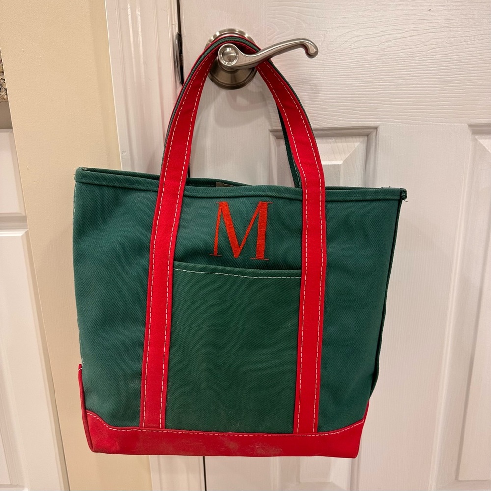 Vtg L.L. Bean Boat & Tote Bag Green & Red Canvas USA Reusable